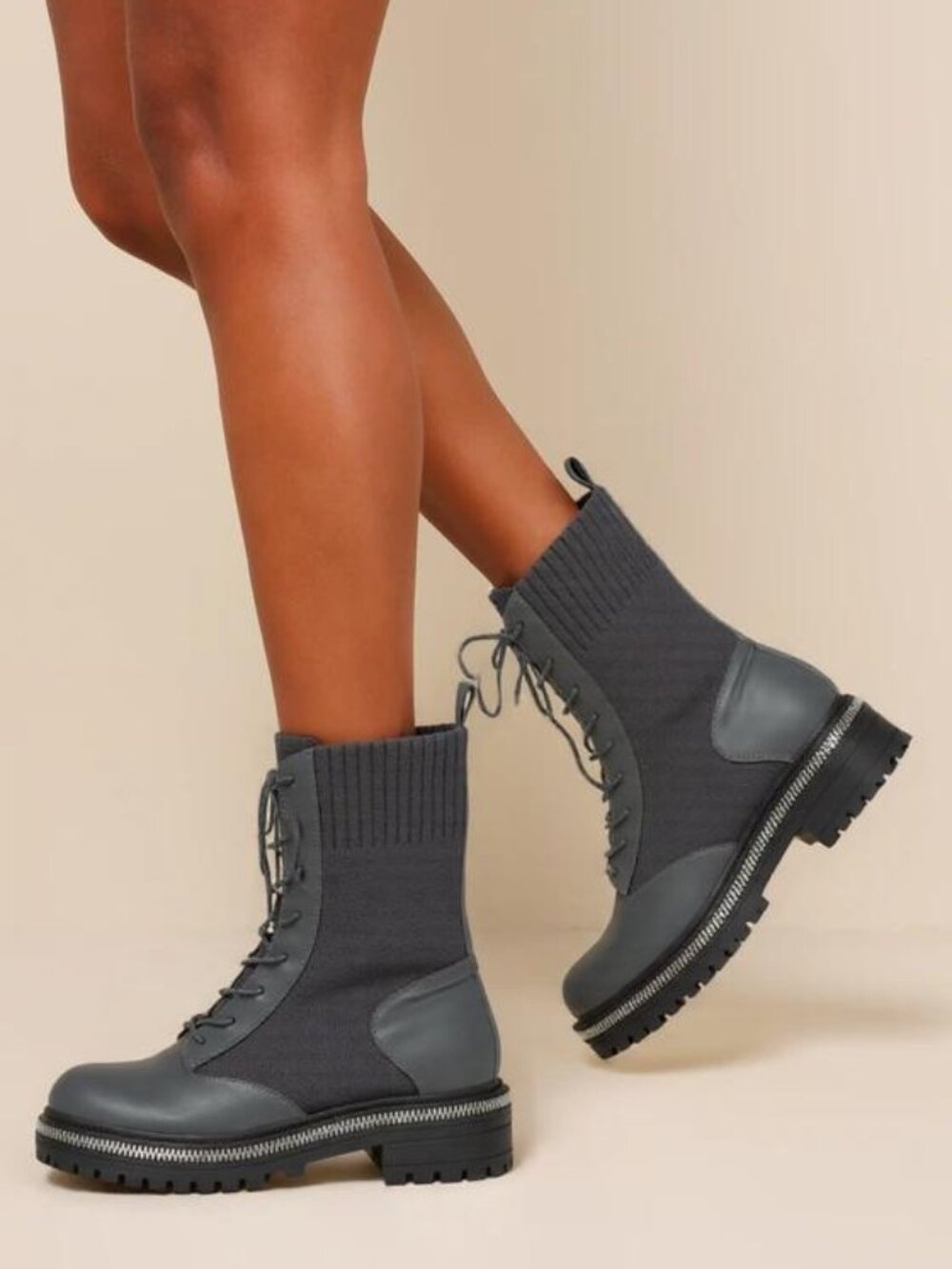 Women’s Lace Up Combat Boots Knit Panel Lug Sole Zipper Trim Mid Calf Boots